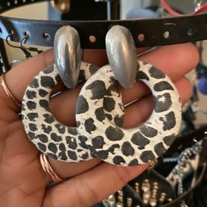 Silver leopard print drop earrings